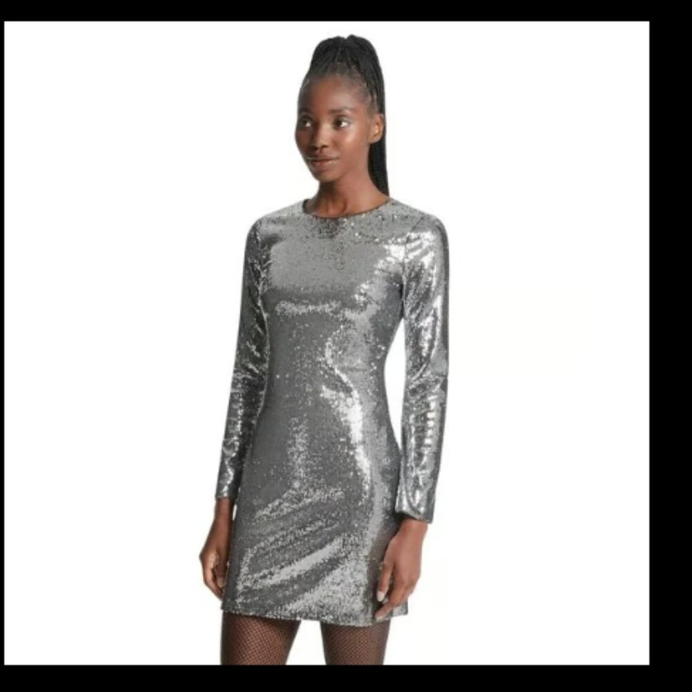 Michael Kors Sequined Stretch Tulle Dress Silver XS NEW! $255